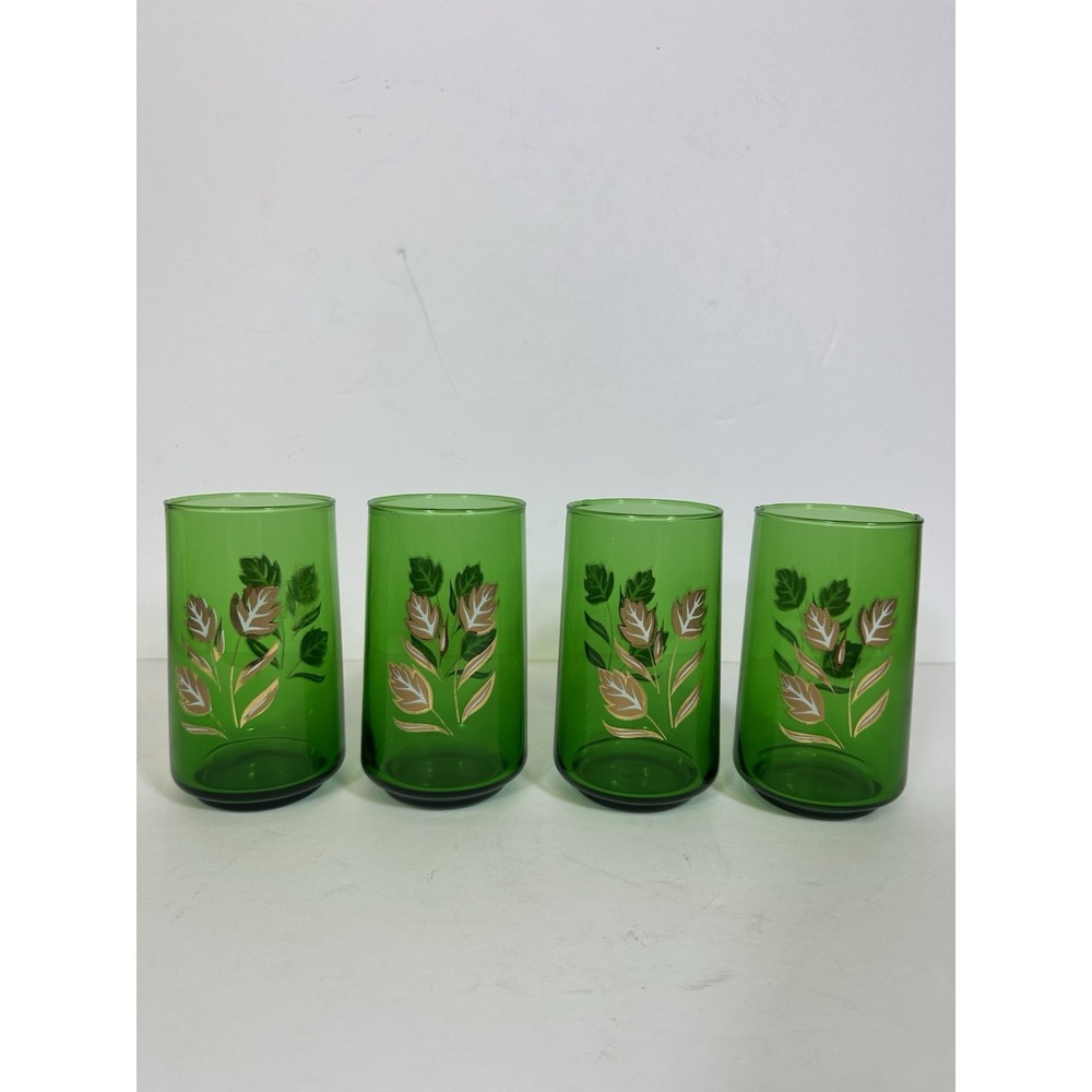 Emerald Green Glasses Tumblers Juice 4 3/4" Gold Leaves Vtg MCM 10 oz Set Of 4